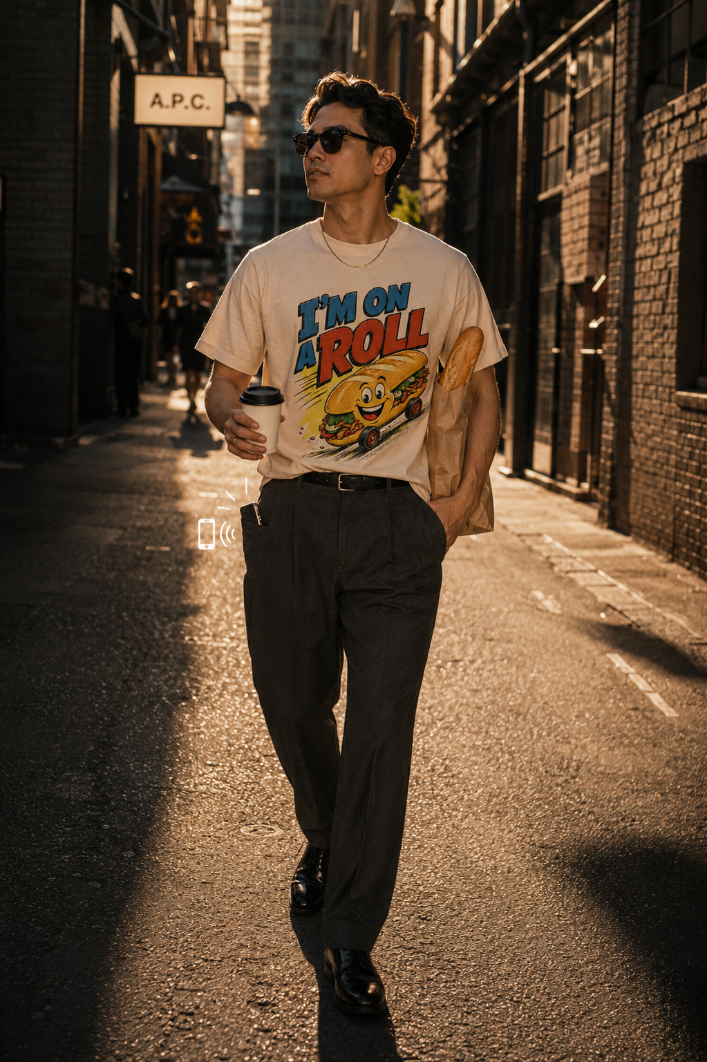 Phúc Dat modelling I'm on a Roll, Bánh Mì Shop limited drop shirt